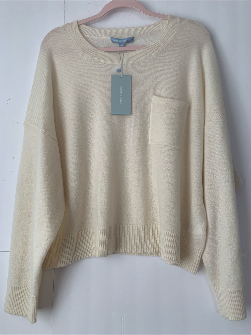 NWT Antonio Melani Cashmere Ivory Crewneck Pocket Relaxed Fit Sweater Size XL